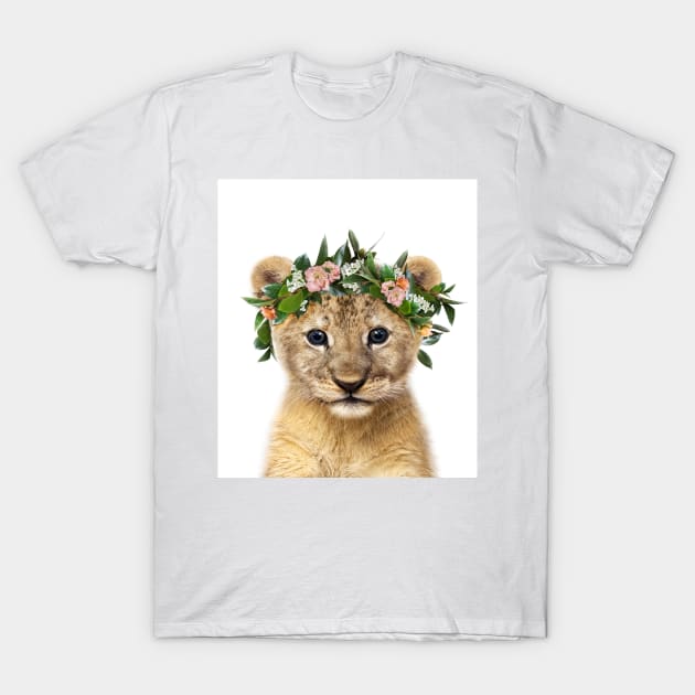 Baby Lion with Flower Crown, Baby Girl, Pink Nursery, Baby Animals Art Print by Synplus T-Shirt by Synplus